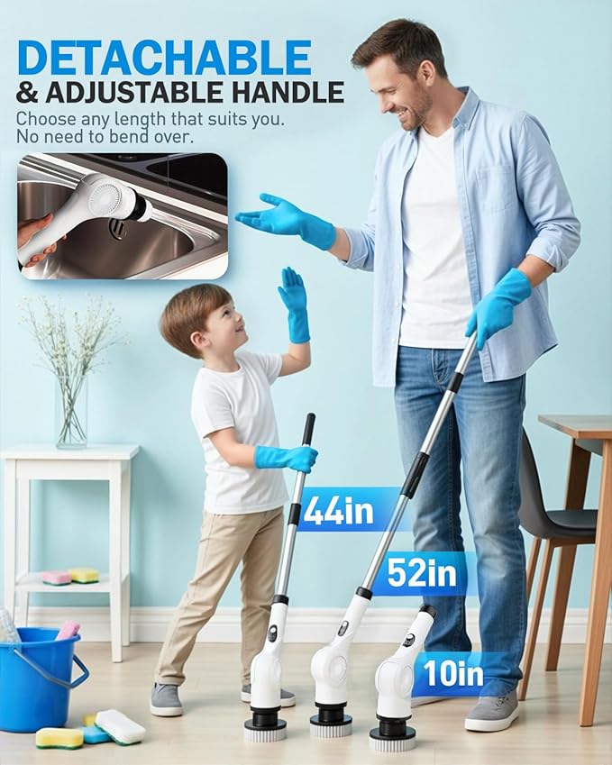 Electric Spin Scrubber, 3-Speed Cordless Shower Scrubber with Long Handle & 10 Replaceable Brush Heads, 90 Mins Runtime & Full-Body IPX7 Waterproof Shower Cleaner Brush for Bathroom Kithchen