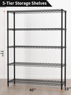Golpart 5 Tier Adjustable Storage Shelves Heavy Duty Metal Utility Shelf 1750LBS Capacity Wire Shelving Unit Organizer Rack for Home Kitchen Garage Pantry Room 18" D x 46" W x 77" H Black