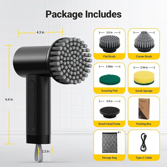 StarVal Electric Spin Scrubber, 2000 mAh Cordless Power Scrubber with 4 Replaceable Heads, 2 Speeds Portable Scrubber for Cleaning Sink/Stove/Corner/Tile/Grout/Bowl (Black)