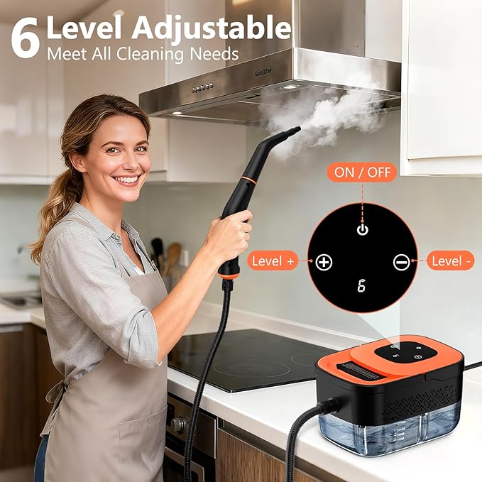 Steam Cleaner, Portable Steamer for Cleaning with 16pcs Accessories, 6-Level Adjustable, 15s Heat-Up, Handheld Steam Cleaner for Home for Tile, Grease, Dirt, Grout, Car Detailing, Orange