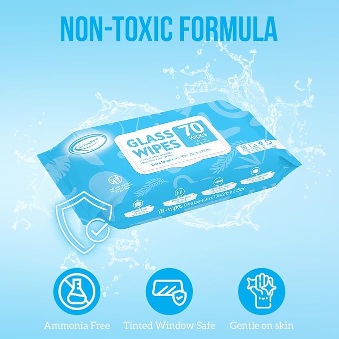 Air Jungles Glass and Window Cleaner Wipes 70 Count (Pack of 3), Extra Large 8" x 10" Size Multi-Surface Glass Cleaning Wipes for Car Windshield, Headlight, Mirror, Tile, and Household Appliance