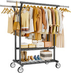 HYSEYY Heavy Duty Clothes Rack, Rolling Clothing Rack With Shelves Load 620 LBS, Double Rod Clothing Racks for Hanging Clothes, Portable& Adjustable Clothes Rack with Wheels,Black