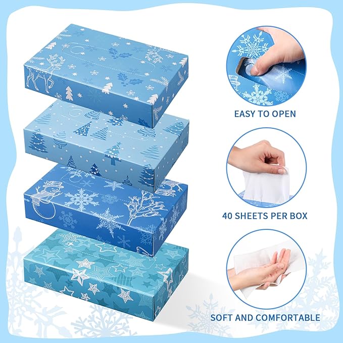 TaoBary 24 Packs Christmas Winter Small Boxes of Tissues Car Facial Tissue Boxes Disposable Tissue Packs Cube Facial Tissues 2 Ply 960 Sheets for Holiday Party Bathroom Office Floral Home Decor