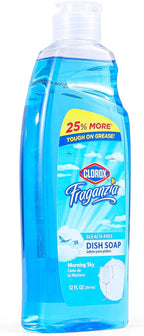 CLOROX Fraganzia Liquid Dish Soap | Smells Great and Cuts Through Tough Grease Fast | Quick Rinsing formula Washes Away Dirt | A Powerful Clean You Can Trust, Morning Sky Scent, 12 Ounces