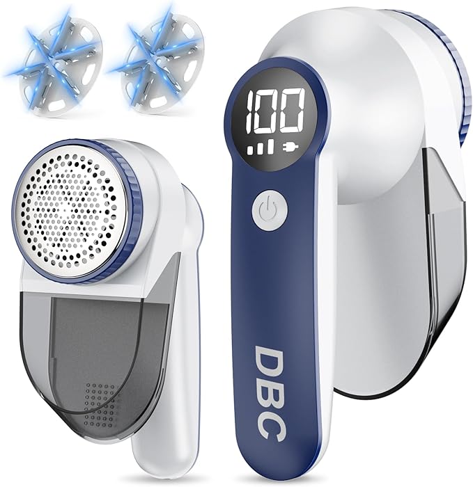 DBC Fabric Shaver with 15000r/Min Powerful Motor, LED Display, 3-Speeds, 6-Leaf Blades, Large Shaving Head Lint Remover for Clothes, Lint Ball, Furniture, Fuzz - Blue & White