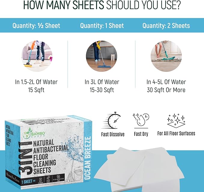 30 Pcs All Natural Floor Cleaner Sheets - Biodegradable And Dissolvable Multipurpose Mopping Concentrated Floor Cleaning Soap Detergent Strips, Mess Free Water Soluble Fast Dry Eco Friendly (Ocean)