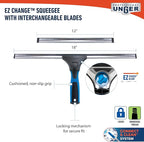 Unger Professional Connect and Clean 18” EZ Change Window and Glass Cleaning Squeegee, Large and Small Windows, Rubber Blade Tool for Streak-Free Results, Includes 12” Channel
