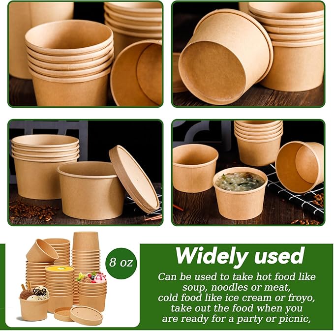 DI QIU REN 8oz Paper Soup Container Cup with Vented Lids, Disposable Paper Food Container Kraft Dessert Bowl Soup Bowls, Microwavable and Freezer Safe for Hot Soup, Ice Cream (50 Pcs - Kraft, 8 oz)