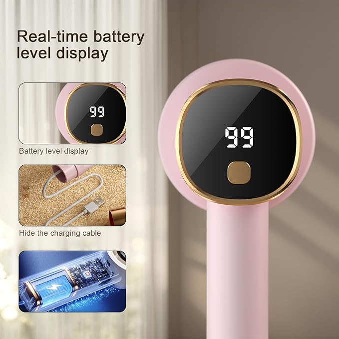 Fabric Shaver, Rechargeable Electric Lint Remover with LED Display, Lint Shaver, 6-Blade, 3-Speed Defuzzer Remove Fuzz, Pills for Clothes, Upholstery, Furniture, Pink