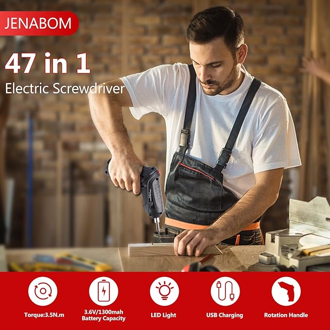 47 in 1 Electric Screwdriver Set, 3.6V Cordless & Rechargeable, 3.5N·m Max Torque, USB Power Rechargeable Screwdriver with 44pcs Driver Bits, Ideal for Small Projects