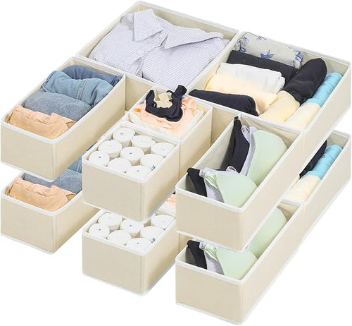 12 Pack Linen Drawer Organizer Set – Collapsible Fabric Storage Bins for Baby Clothes, Diapers, Socks, Bras & More (Beige, 3 Sizes)