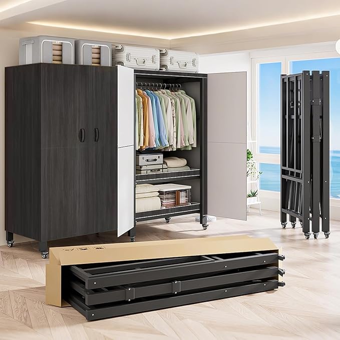 Heavy Duty Covered Clothes Rack with Magnetic Door Foldable Portable Wardrobe Closet for Hanging Clothing Rolling Black Metal Garment Rack on Wheels Closet System (Black, 74.7in)