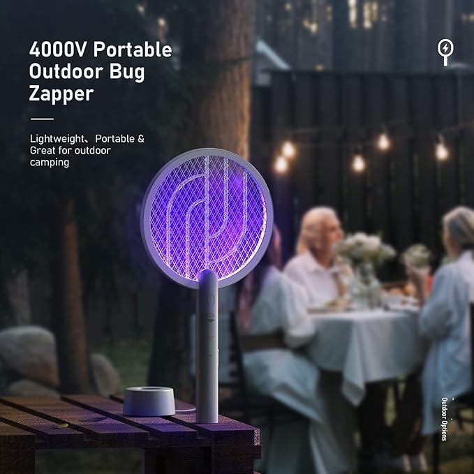 Electric Fly Swatter Racket, Mosiller 4000V 2 in 1 Bug Zapper with USB Rechargeable Base, Powerful Mosquitoes Trap Lamp & Fly Killer with 3-Layer Safety Mesh for Home, Indoor, Bedroom(Grey-1 Pack)