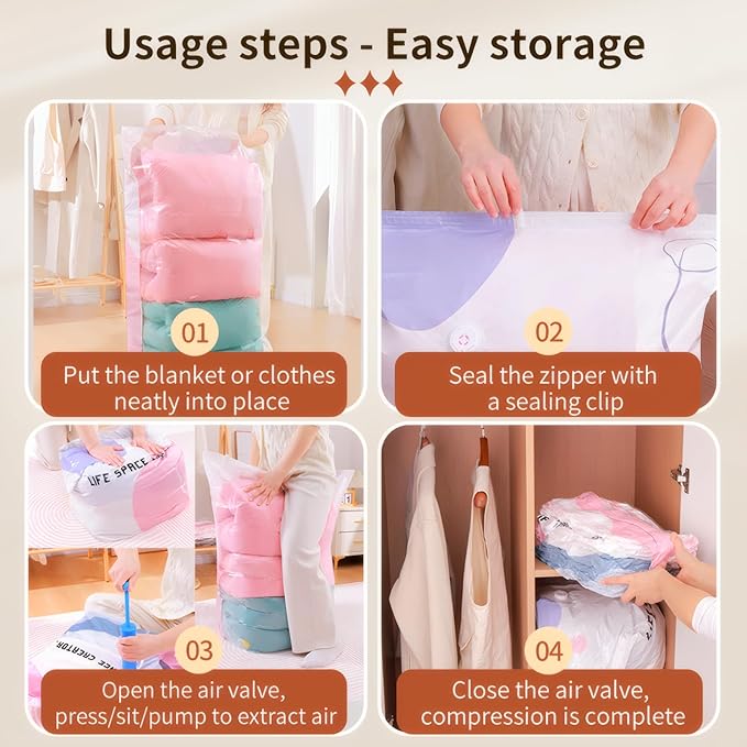 4 Pack Vacuum Storage Bags, Space Saver Bag Vacuum Seal Bags for Clothing Travel Moving Blankets Pillows Storage and Organization, Hand Pump Included(100 X 70 cm)