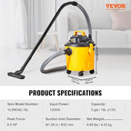 VEVOR 5 Gallon 6.0 Peak HP Wet and Dry Shop Vac， Portable Shop Vacuum and Blower 3-in-1 with Filter, Hose and Attachments for Home and Car Cleaning Black/Yellow