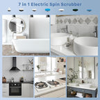 Electric Spin Scrubber, Hillyfe Bathroom Scrubber Electric with 7 Replaceable Brush Heads, IPX7 Waterproof,300/400 RPM, 3 Adjustable Length,Scrubber Brush Electric for Bathtub Floor,White