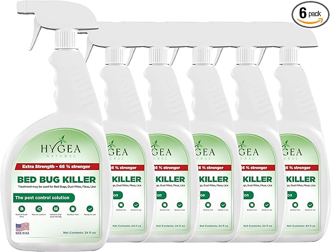 Hygea Natural Extra Strength 24 oz Bed Bug & Mite Spray Bundle - Child & Pet friendly - Stain & Odor Free - 66% Stronger Natural Formula (6 Pack)