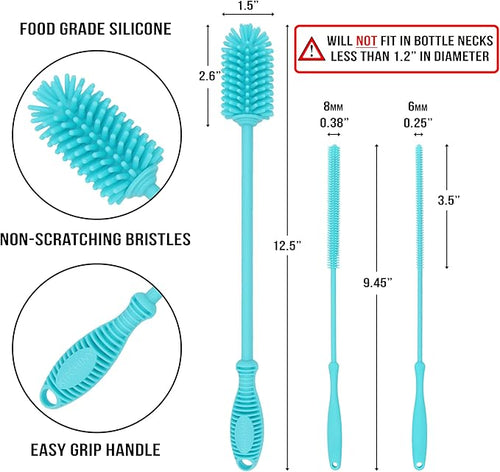 12.5” Silicone Bottle Brush & Straw Cleaner Brush Set | Water Bottle Cleaner for Hydro Flasks, Tumblers, Glassware, Vases and Narrow Neck Containers