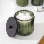 KMwares 2-Pack Glass Qtip Holder Dispenser Set for Cotton Ball, Swab, Round Pads, Floss Picks - Bathroom Canister Storage Organization and Vanity Makeup Organizer(Olive Green)