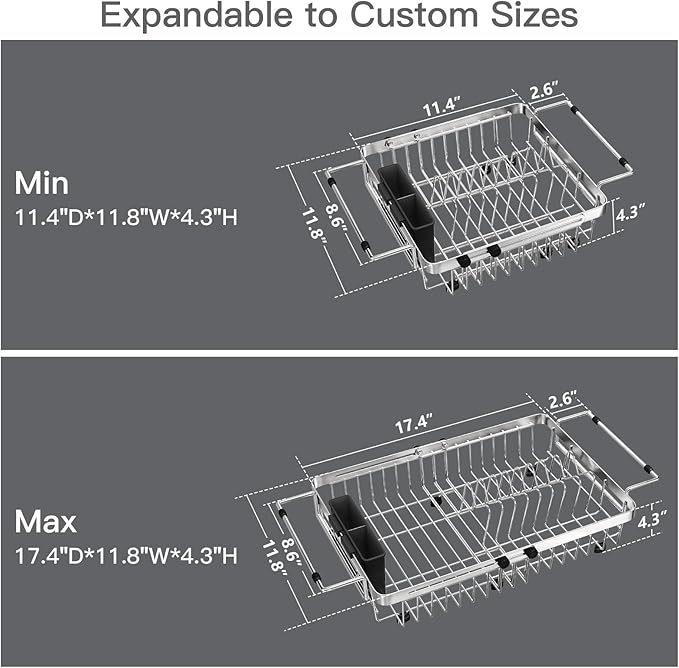 Small Expandable Over The Sink Dish Drying Rack Drainer In Stainless Steel Metal For Kitchen, Counter Space Saving Compact Above Plate Dryer Strainer, Adjustable Hanging Inside Sink Wire Drain Holder