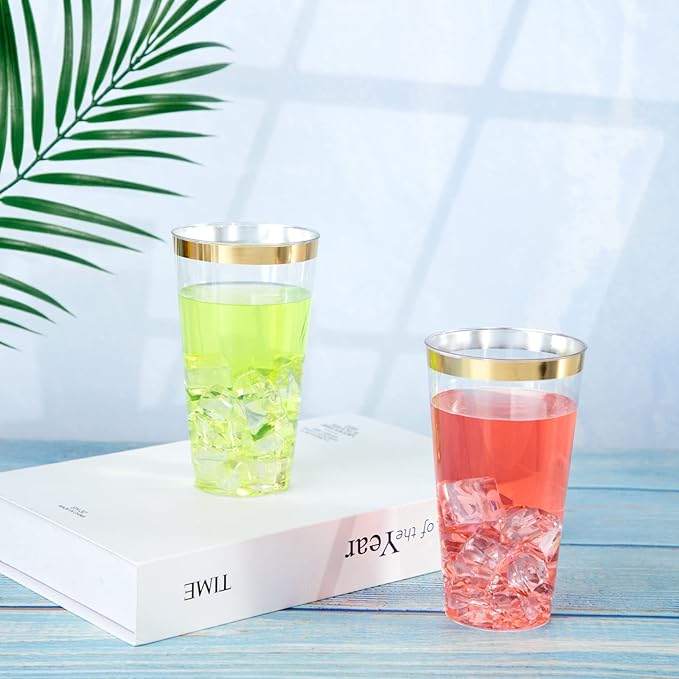 LIYH 100 Pcs Gold Plastic Cups - 16 oz Clear and Gold Rim Plastic Wine Cups, Big Size Fancy Disposable Party Cup Beverage Drinking Cup for Party & Wedding