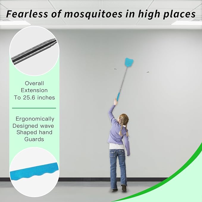 MYSTICHOME Fly Swatter 1 PCS, Durable Heavy Duty Plastic Fly Swatters, Stainless Steel Telescopic FlySwatter for Indoors/Outdoor/Kitchen/Garden (Blue)