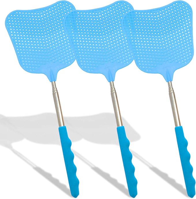 3 Pack Fly Swatters Set - Plastic Fly Swatters Heavy Duty - Fly Swatters with Stainless Steel Handle for Indoor and Outdoor - Blue