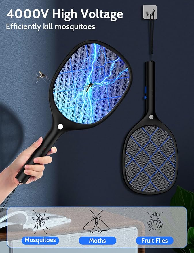 YISSVIC Electric Fly Swatter Bug Zapper Racket 4000V Rechargeable Mosquito Killer with LED Light for Indoor Home Office Backyard Patio Camping