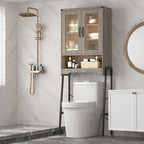 Over The Toilet Storage Cabinet with Tempered Glass Doors and Adjustable Shelf, Bathroom Organizer with Metal Stand Space Saver Over Toilet , Modern Toilet Rack for Bathroom, Restroom, Laundry, Grey