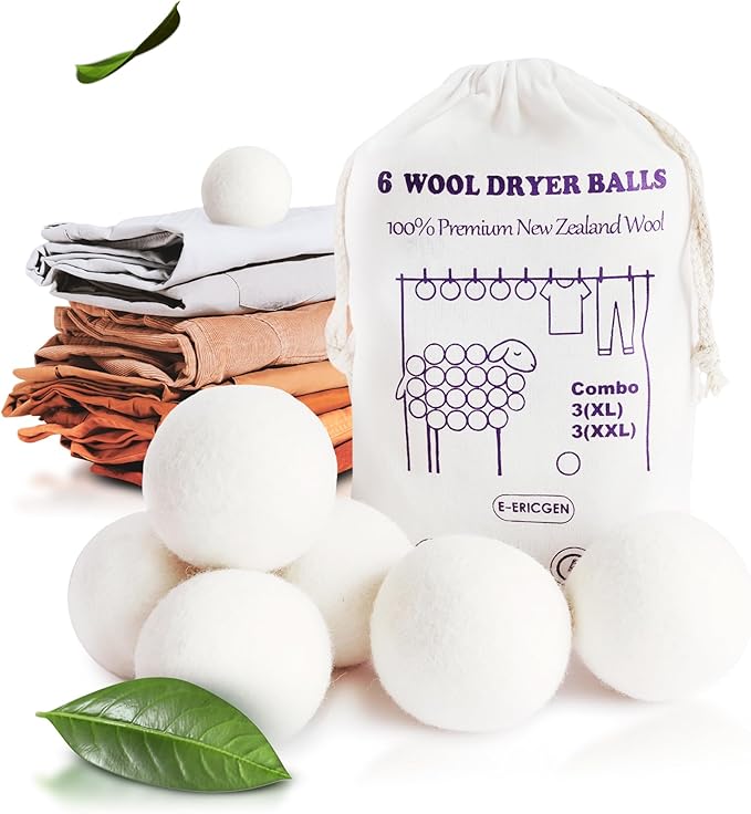Wool Dryer Balls XL 6-Pack (3 XXL + 3 XL) – 100% New Zealand Wool, Hypoallergenic, Chemical-Free Fabric Softener – Reusable for 1,500+ Loads – Anti-Static & Baby-Safe