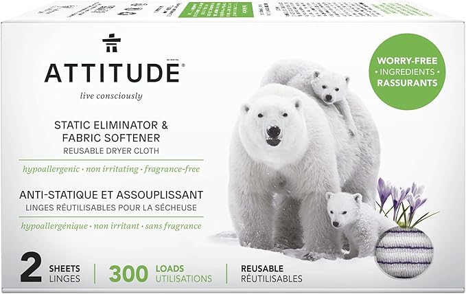 ATTITUDE Reusable Dryer Sheets, Static Eliminator & Fabric Softener, Fragrance-Free Laundry, Made in Canada, 300 Loads, 2 Sheets (1 Pack)