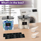 COAZEX 2 Pack Clear Laundry Pods Container, Plastic Square Laundry Room Organization and Storage Jars with Black Lids, Scoops & Labels for Detergent, Powder, Dryer Balls