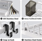AKTECKE Shower Caddy Corner Organizer Shelf: 2Pack Adhesive Shower Essentials Accessories - No-Drilling Stainless Steel Bathroom Storage Rack with Hooks and Toothpaste Holder