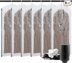 AILI Hanging Vacuum Sealer Suction Space Saver Storage Bags for Clothes Travel with Electric Air Pump And Rolling Slide Clip for Coats, Closet Organizers, 6 Long