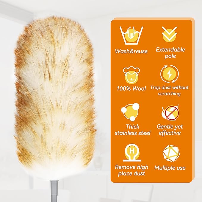 Lambswool Duster with Extension Pole up to 88.58 in, Natural Feather Dusters Long Handle Stainless Steel, Fluffy Feather Duster for Cleaning High Floor Ceiling Fans, Window Blinds Shelves, Furniture