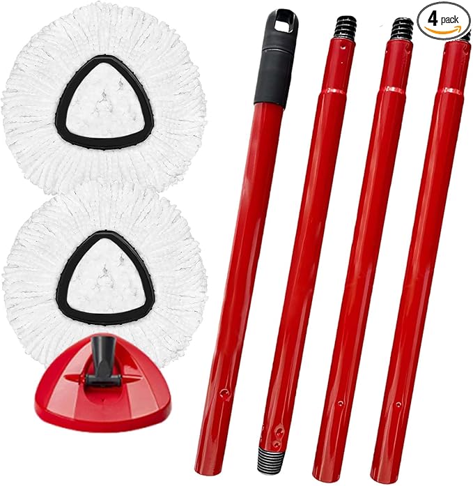 Spin Mop Replacement Head for OCeda EasyWring Microfiber Spin Mops, 2 Microfiber Mop Refills 4-Section 30-to-58 inch Mop Replacement Stick and 1 Base Combo Set (White(1 Tank System)
