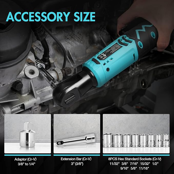 DURATECH Cordless Electric Ratchet Wrench Set, 48 Ft-lbs 3/8" 12V Power Ratchet Wrench with 2PCS 2.0Ah Li-Ion Battery, 1 Hour Fast Charger, 8PCS Sockets, Extension Bar, Adaptor, Variable Speed Trigger