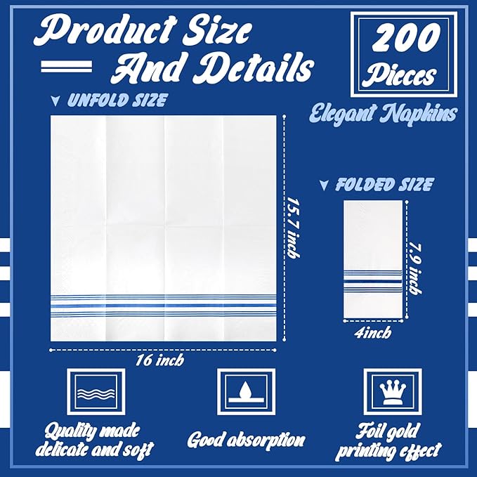 Jetec 200 Pack Guest Napkins Disposable Paper Hand Towels Bathroom Decorative Napkins Linen Feel Soft Absorbent Bulk Dinner Paper Towels for Kitchen Event Wedding Christmas Party(Blue Stripe)