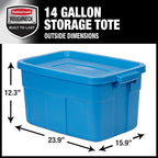 Rubbermaid Roughneck Tote 14 Gal, 6 Pack, Made in USA, Heritage Blue, Rugged Plastic Stackable Storage Bins with Lids and Handles