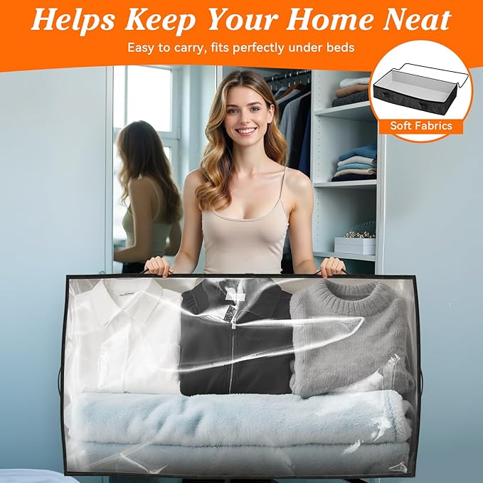 SpaceWhisper 90L Under Bed Storage Containers, 4-Pack Storage Bins with Clear Top, Foldable Closet Organizers and Storage with Label Holder for Clothing, Blankets, Comforter & Pillows(Black)