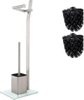 WC Set with roll Holder - White – Toilet Paper Holder - Stainless Steel – Glass Base –Dim.: 32x20x70cm– Easy Installation – Plus: 1+2 Extra Toilet Brush Heads for Exchange!
