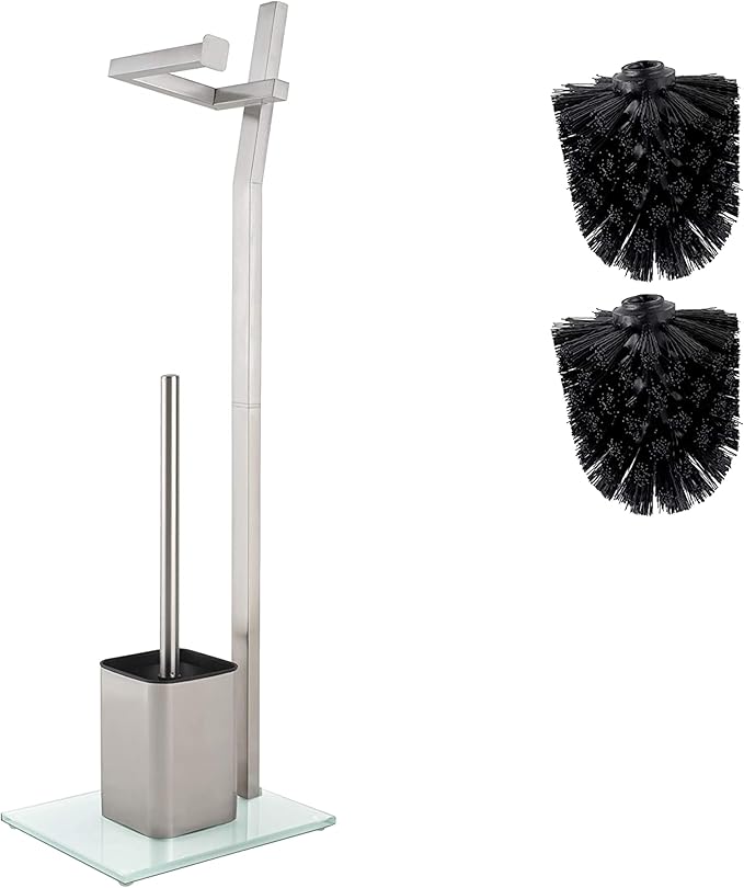 WC Set with roll Holder - White – Toilet Paper Holder - Stainless Steel – Glass Base –Dim.: 32x20x70cm– Easy Installation – Plus: 1+2 Extra Toilet Brush Heads for Exchange!