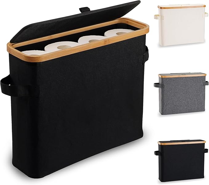 Toilet Paper Storage Basket with Lid, Bamboo Toilet Paper Storage Holder Stand Organizer for Bathroom, Toilet Paper Storage Box Container with Handle, Tissue Storage Bin for Small Place Closet, Black