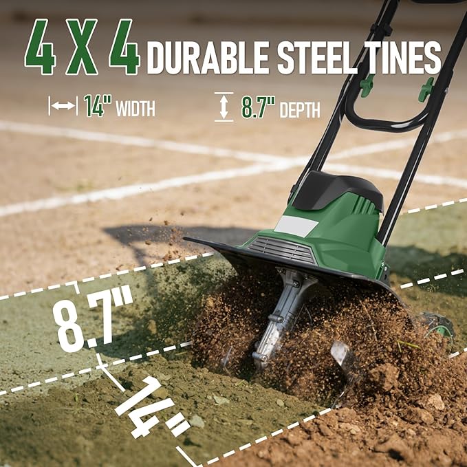 14 Inch 10 Amp Electric Tiller/Cultivator, 4 Steel Tines Tillers with Adjustable Wheels, 9" Tillling Depth Electric Rototiller for Lawn, Yard and Garden Digging