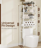4-Tier Over-the-Toilet Storage Rack with One-Piece Wooden Shelves & Open Net Basket, Bathroom Organizer with Adjustable Feet & Anti-Tip Kit, Space-Saving Toilet Shelf, White, 24.4" x 9.4" x 69.3"