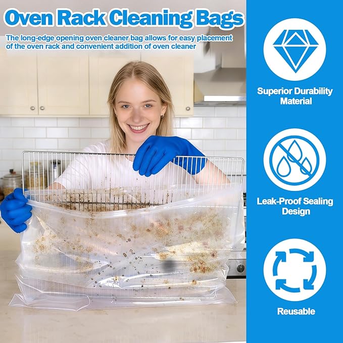 XANGNIER 10 Pack No Scrub Oven Rack Cleaning Bags with Side Zipper Opening,27.8 * 19.5 in,No Cleaner Included, Reusable Leakproof Soaking Cleaner Bags for Removable Metal Rack,BBQ Grills,Grill Grate