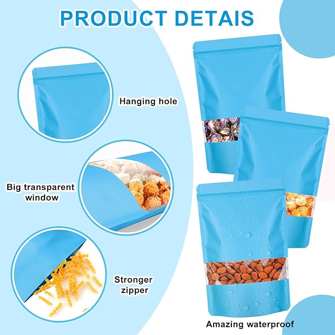 100PCS Mylar Bags for Food Storage, Smell Proof Bags Resealable Food Packaging for Small Business Stand Up Pouches with Window, 5.5" x7.9", Blue