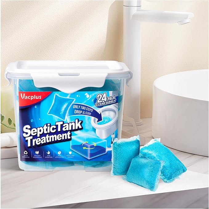 Vacplus Septic Tank Treatment - 24 Packs for 2-Year Supply, Bucket-Packed Septic Tank Treatment Packets, Dissolvable & Flushable Septic Tank Treatment Enzymes with Easy Operation for Wastes & Odors