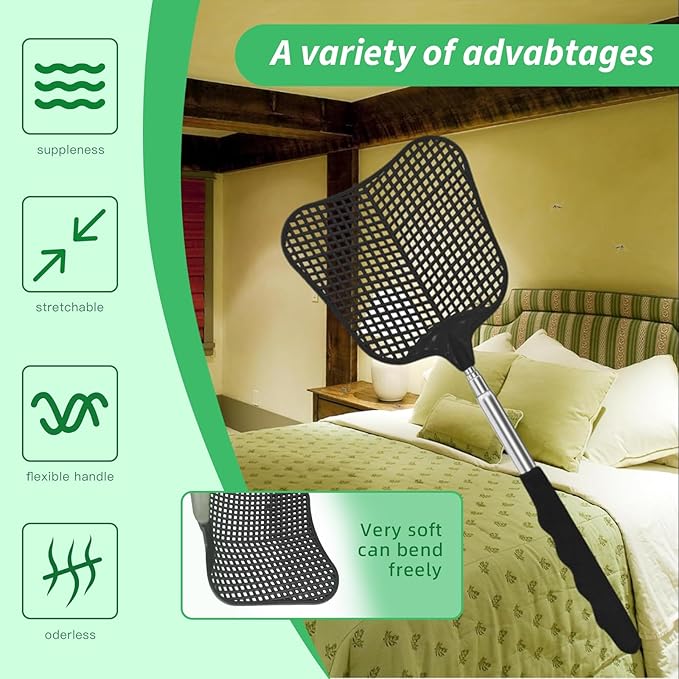 MysticHome Fly Swatter 2 Pack, Durable Heavy Duty Plastic Fly Swatters, Stainless Steel Telescopic FlySwatter for Indoors/Outdoor/Kitchen/Garden (Black+Black)