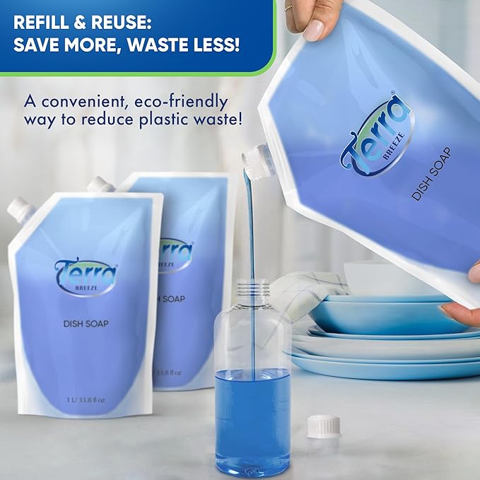 Liquid Dish Soap Refill Pouch 1 Liter – Family Size Dishwashing Liquid for Home Use – Non-Toxic Formula Cuts Grease While Gentle on Hands – Eco Refill for Dish Soap Dispensers & Kitchens - Set of 12